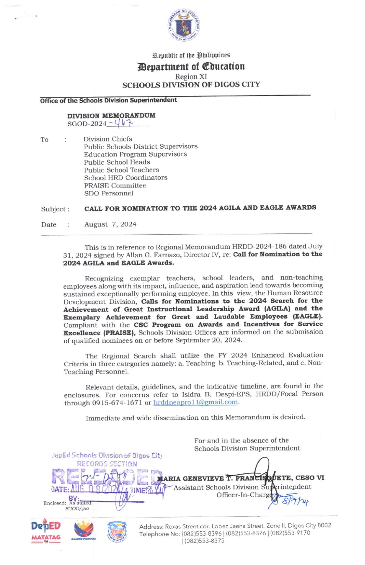DM SGOD 2024 467 - Call for Nominations for AGILA and EAGLE Awards ...