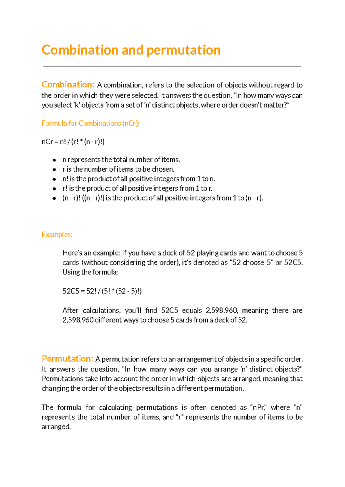 Combinations and Permutations - Math 3459 Study Guide - Studocu