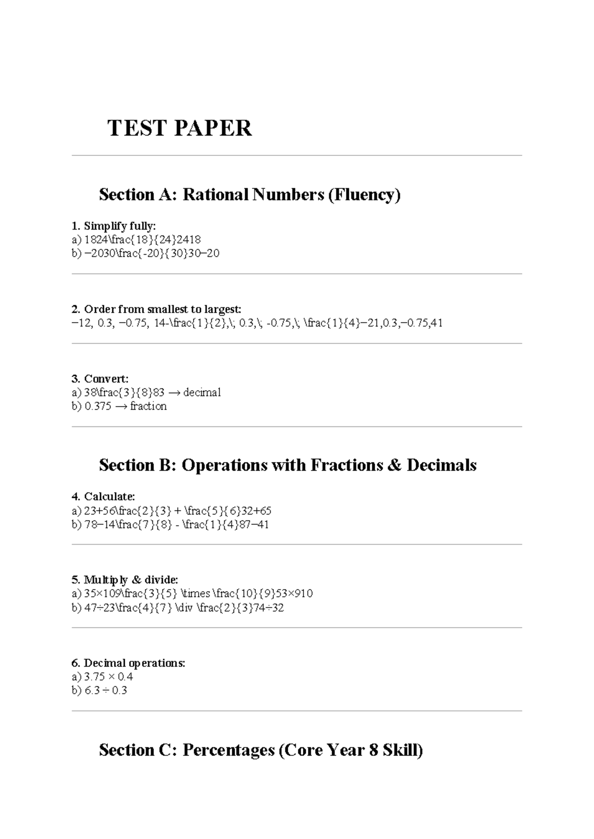 Year 8 Math Test Paper: Rational Numbers & Percentages - Studocu