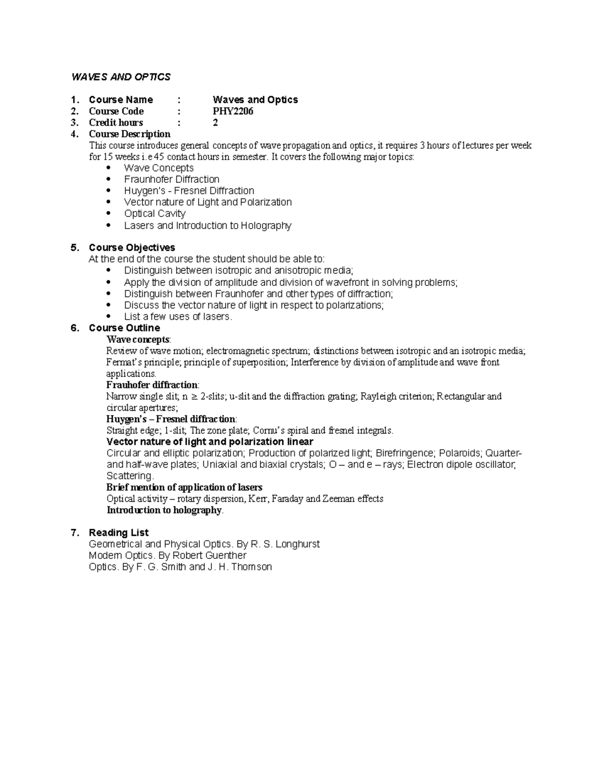 WAVES AND OPTICS Lecture Notes - PHY2206 - Studocu