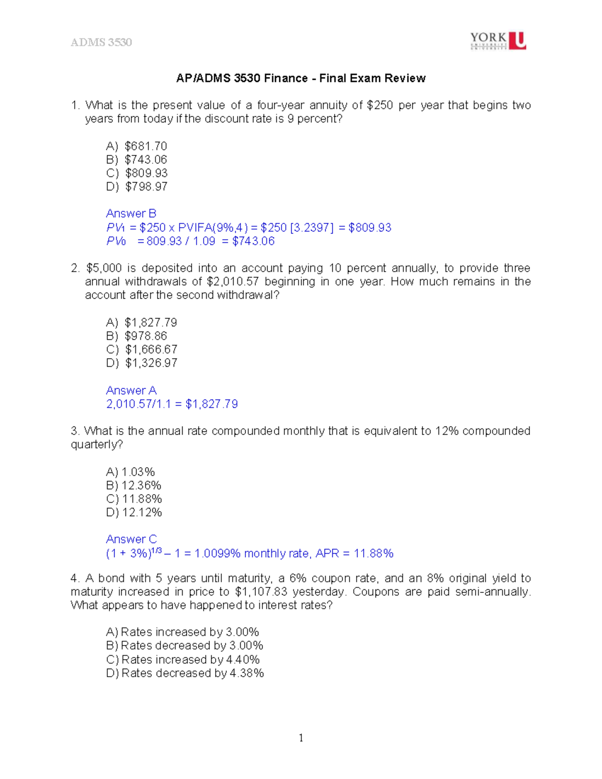 ADMS 3530 W26 Finance Final Exam Review Guide - Studocu