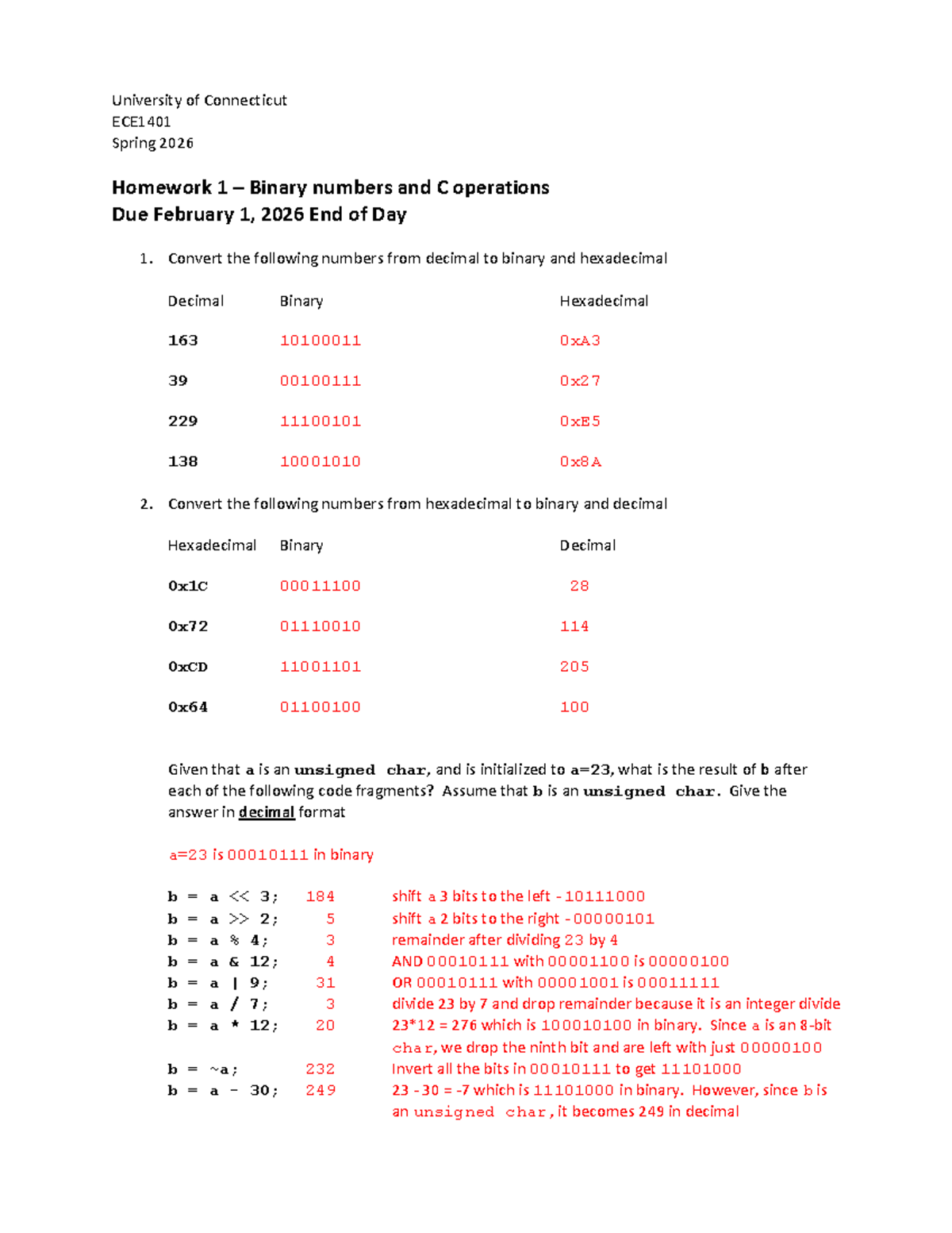 ECE1401 Spring 2026 Homework 1 Solutions: Binary & C Operations - Studocu