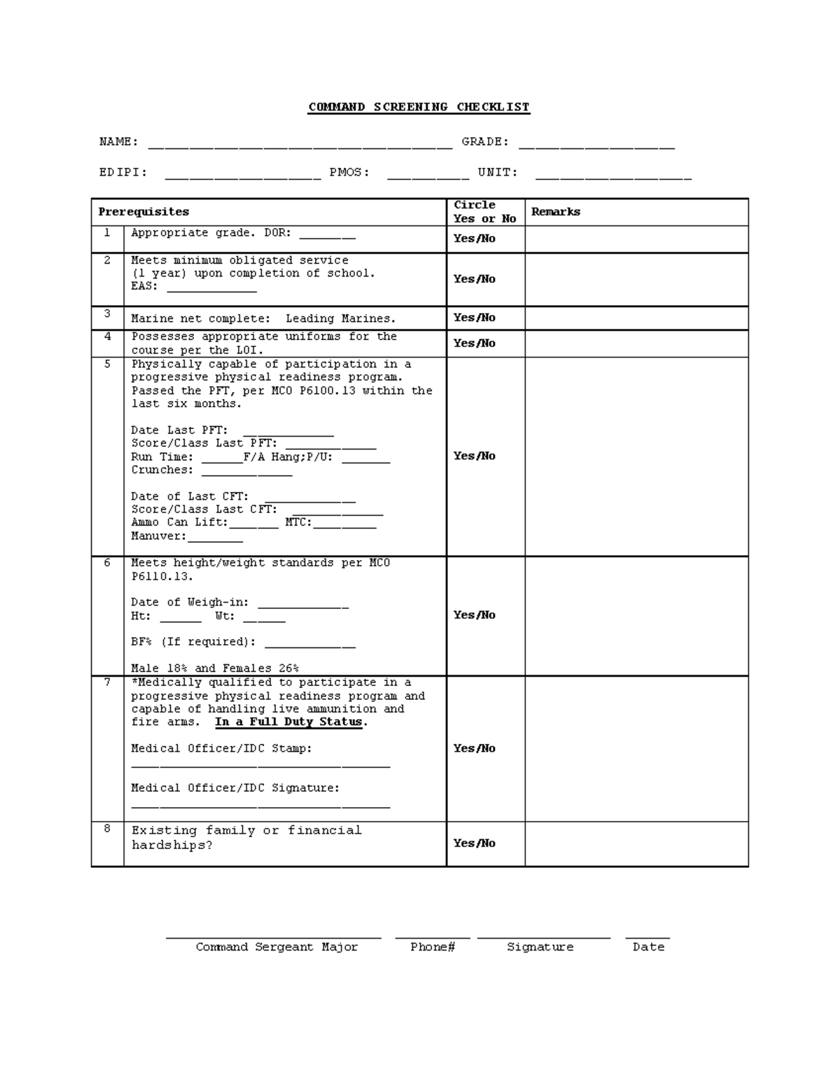 LCPL Seminar Checklist: Command Screening Requirements - Studocu