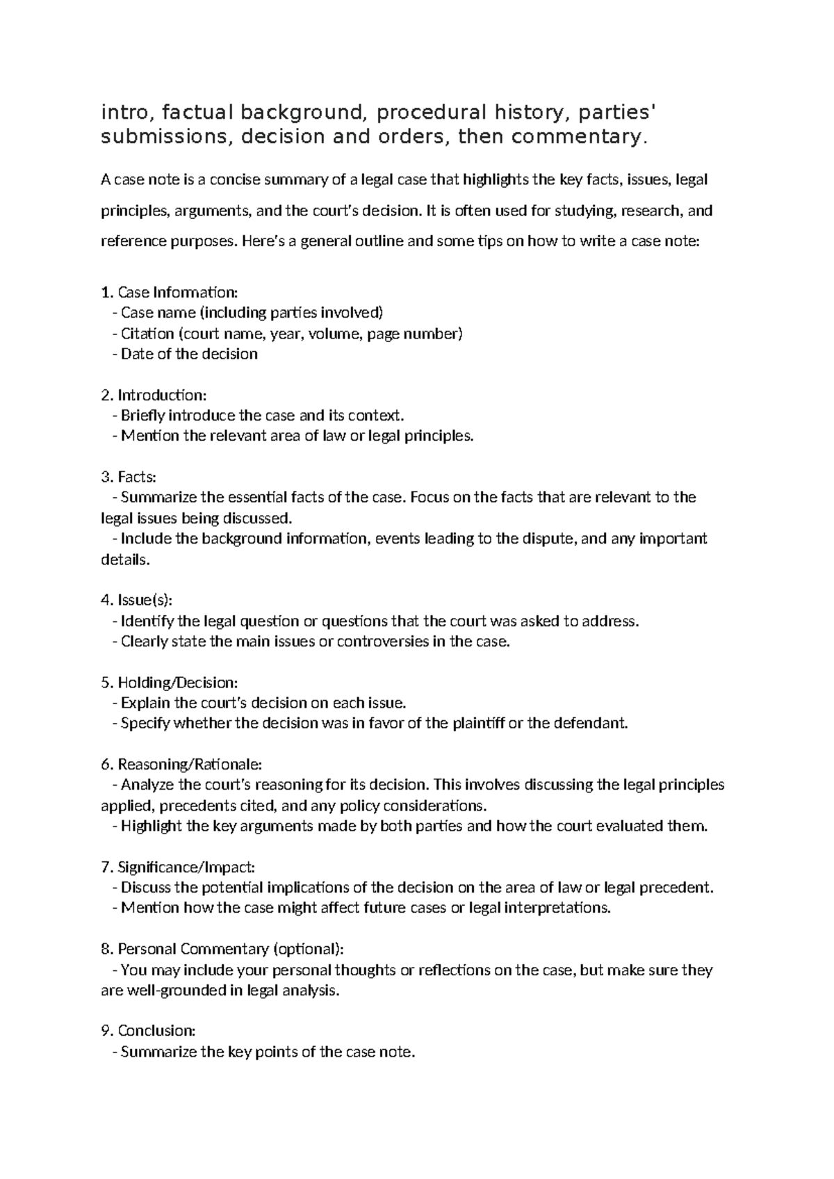 Case Note Format: Structure and Key Elements for Legal Analysis - Studocu