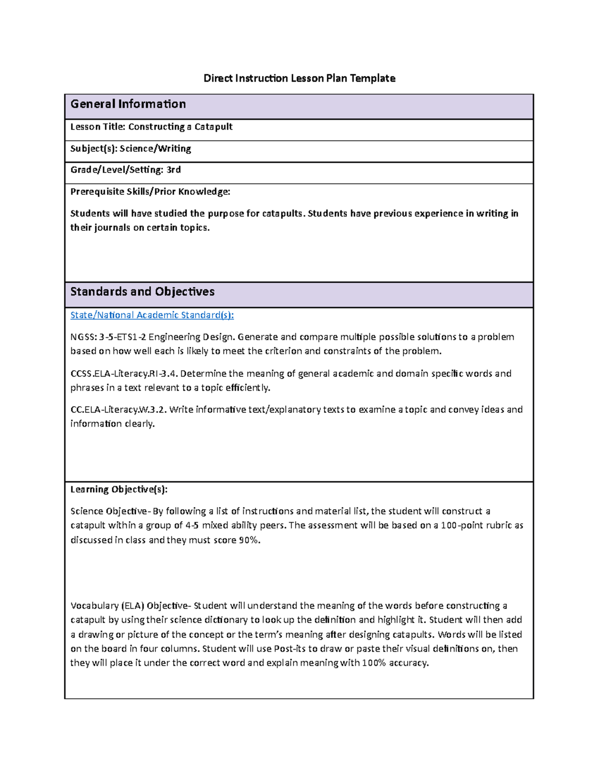 Disciplinary Literacy Task 2: Final Lesson Plan on Catapults - Studocu