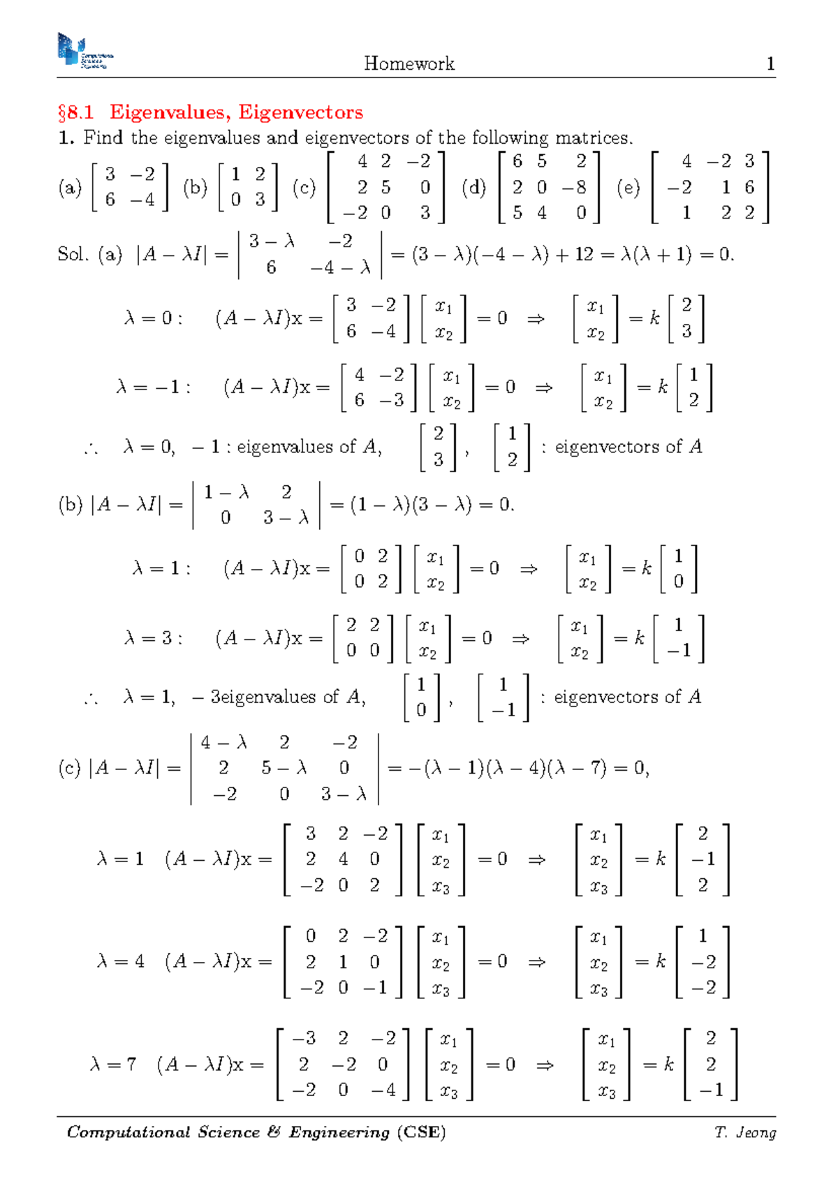 HW chapter 8 sol - bio engineering mathematics - § 8. 1 Eigenvalues ...