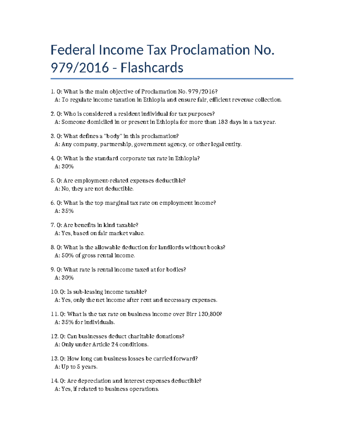 Federal Income Tax Proclamation 979/2016 - Flashcards Guide - Studocu