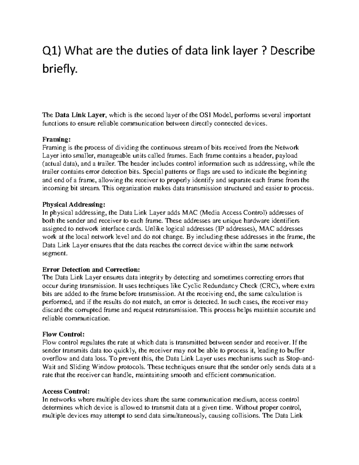 CN - Data Link Layer Functions and Framing Techniques Notes - Studocu