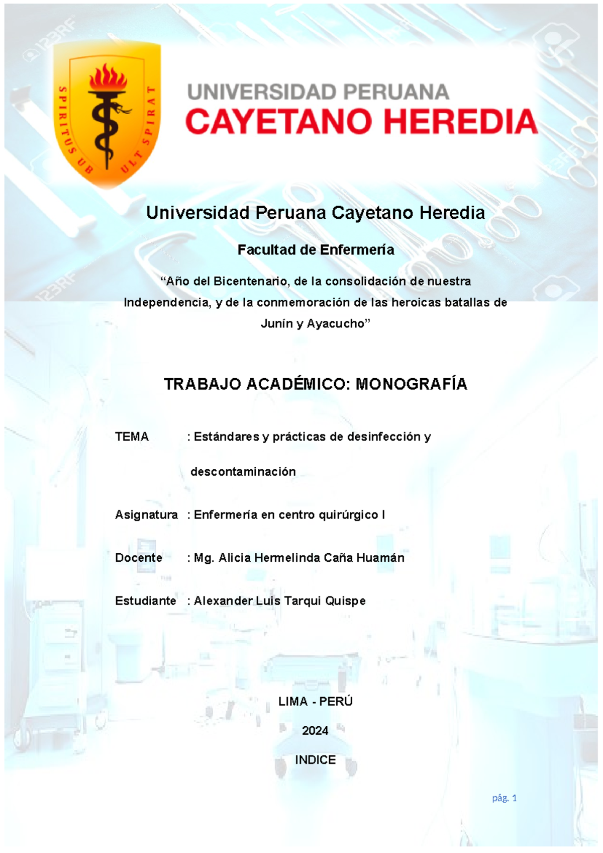 Monografía ENF-101: Estándares y Prácticas en Desinfección Hospitalaria - Document Preview