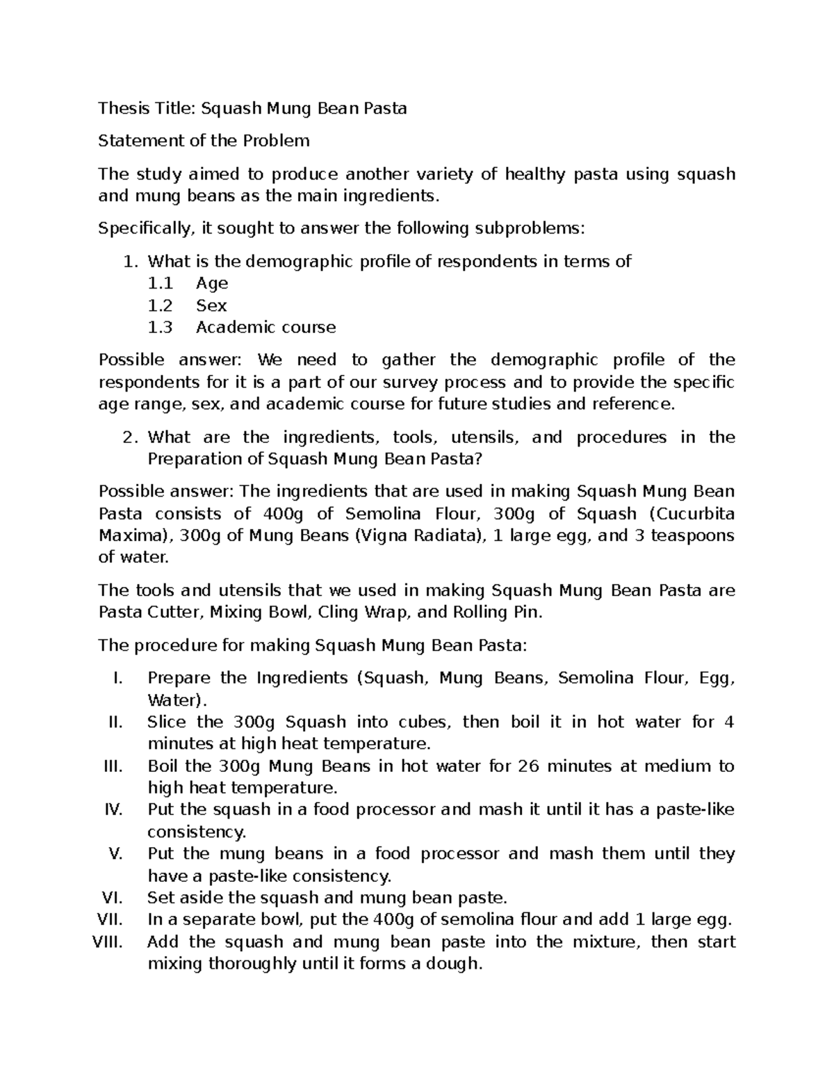 Squash Mung Bean Pasta: Pre-Oral Reviewer Notes for Thesis Study - Studocu