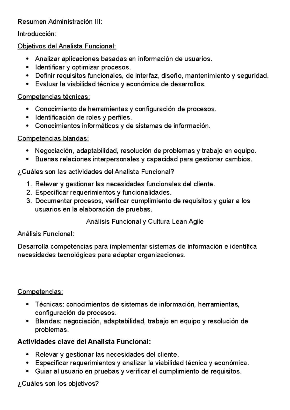 Resumen Administracion III: Análisis Funcional y Cultura Lean Agile - Document Preview