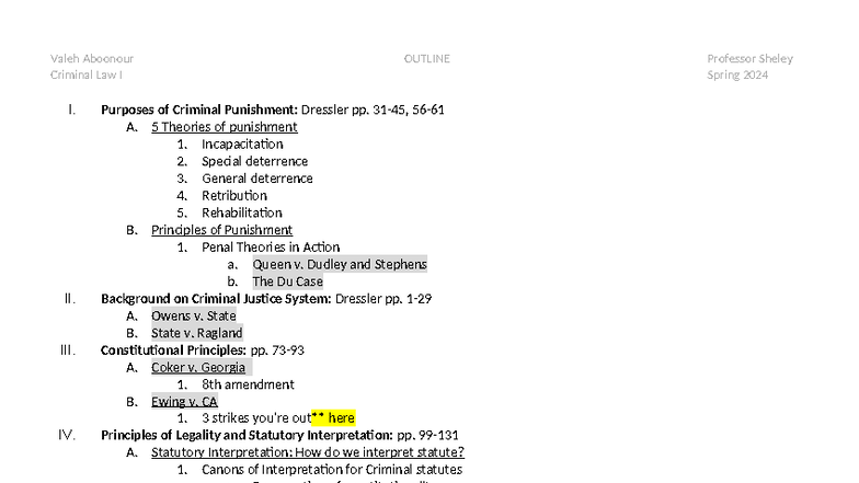 Criminal Law I (CRIM 101) Outline - Professor Sheley Spring 2024 - Studocu