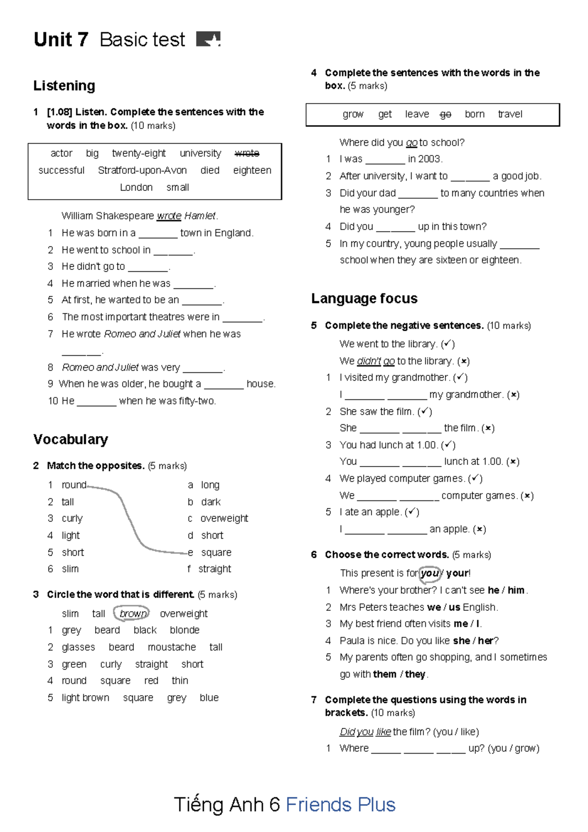 Test 7 - Listening & Vocabulary Exercises (Unit 7) - Studocu
