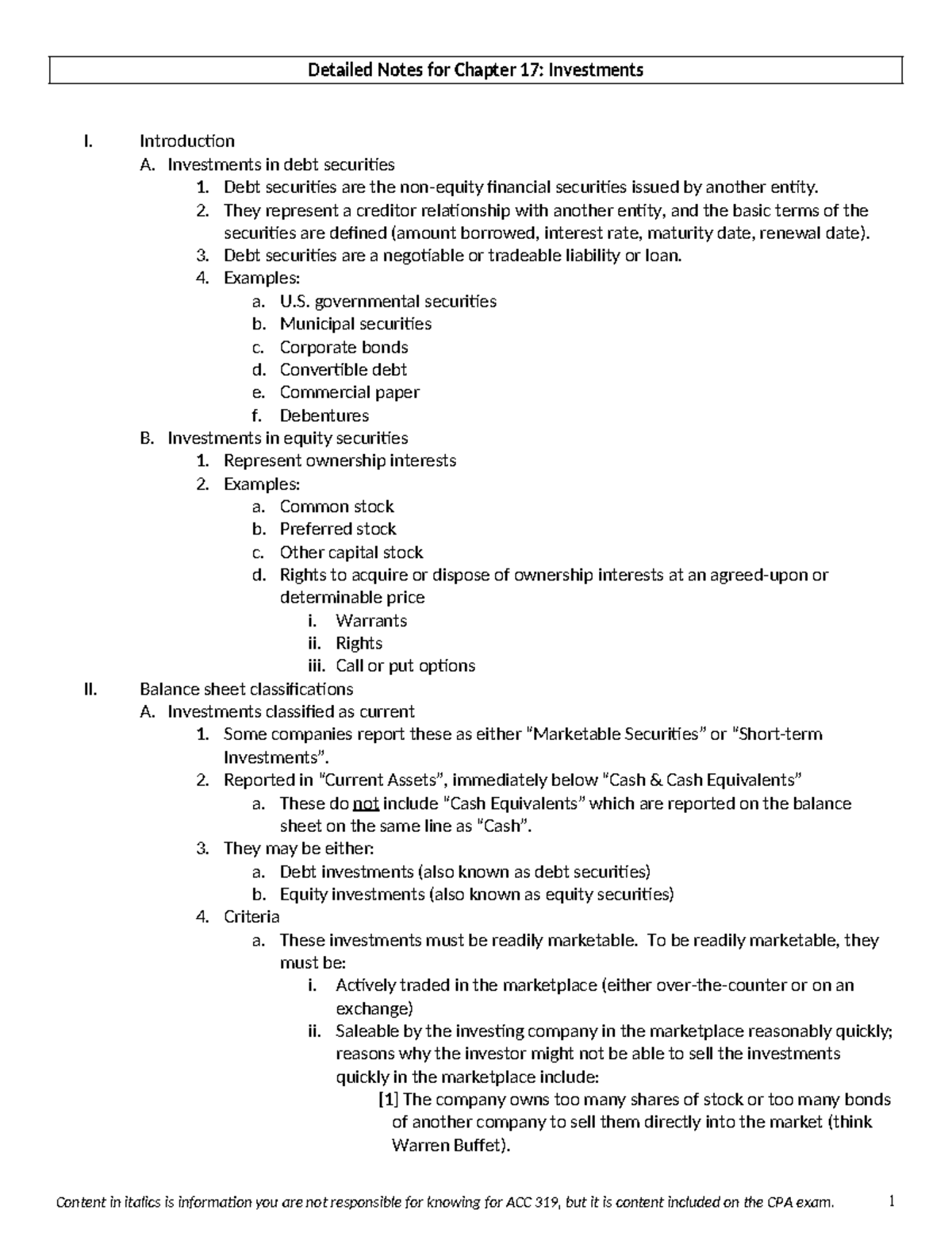 Detailed Notes on Accounting for Debt and Equity Investments (ACC 319 ...