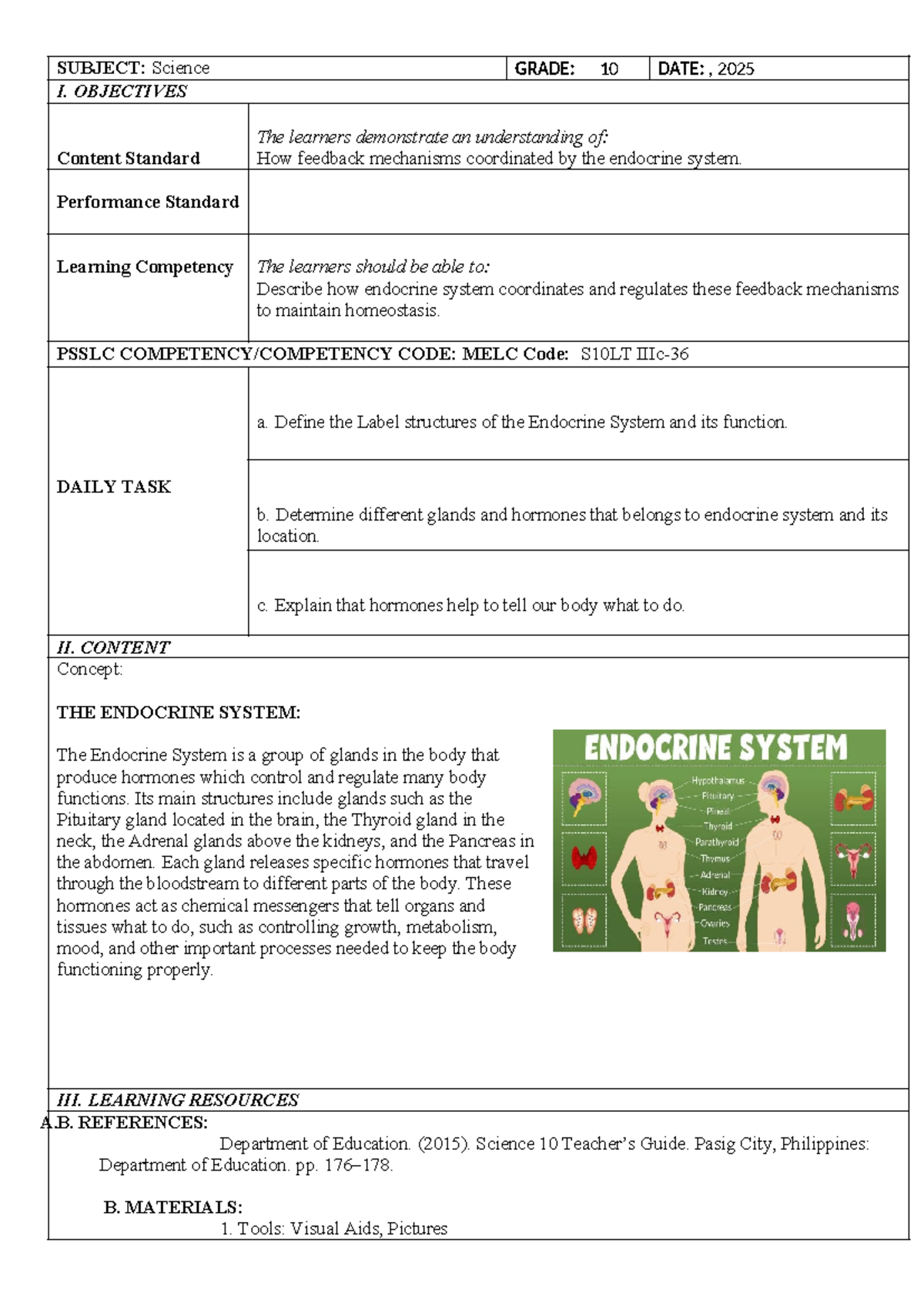 Endocrine System Overview: Grade 10 Science I (MELC S10LT) - Studocu