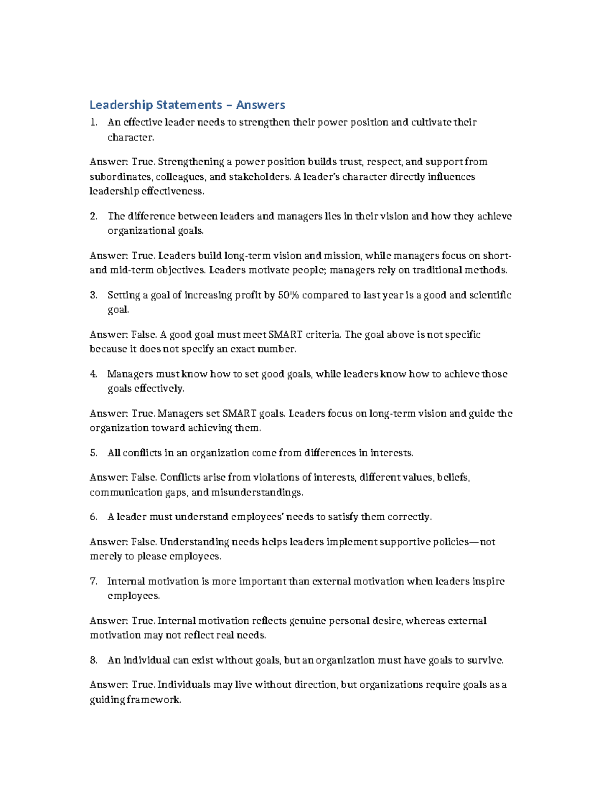 Leadership Statements Answers: True or False Analysis - Studocu