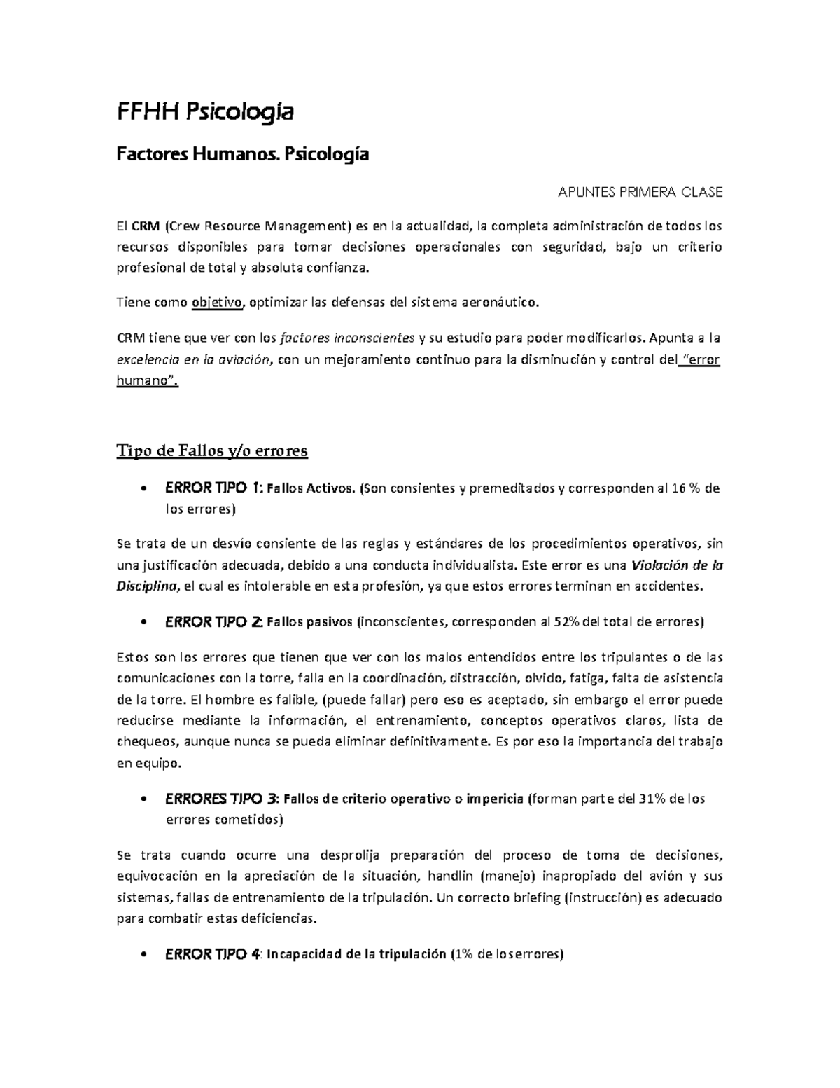 FFHH Psicología - Apuntes Clase 1 sobre Factores Humanos y CRM - Studocu