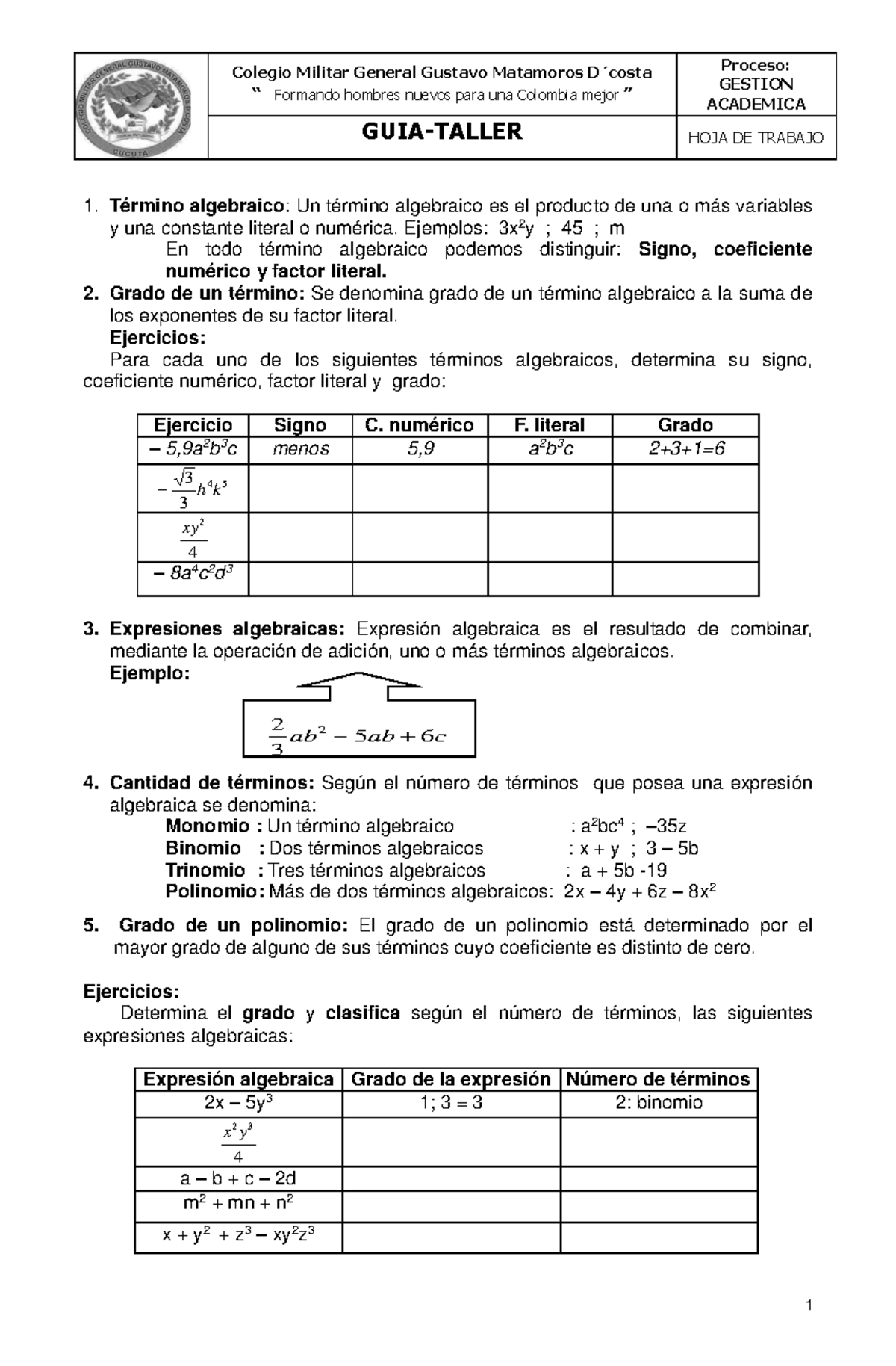 Taller de Álgebra 2: Conceptos y Ejercicios de Expresiones Algebraicas ...