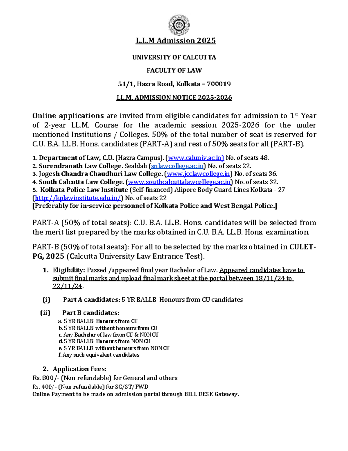 LL.M Admission Notice 2025 - University of Calcutta - Studocu