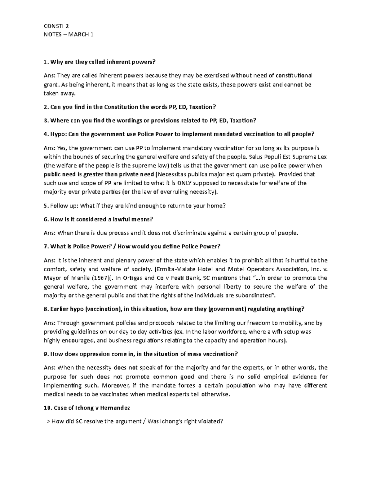 Notes - Fundamental Powers of the State - NOTES – MARCH 1 Why are they ...