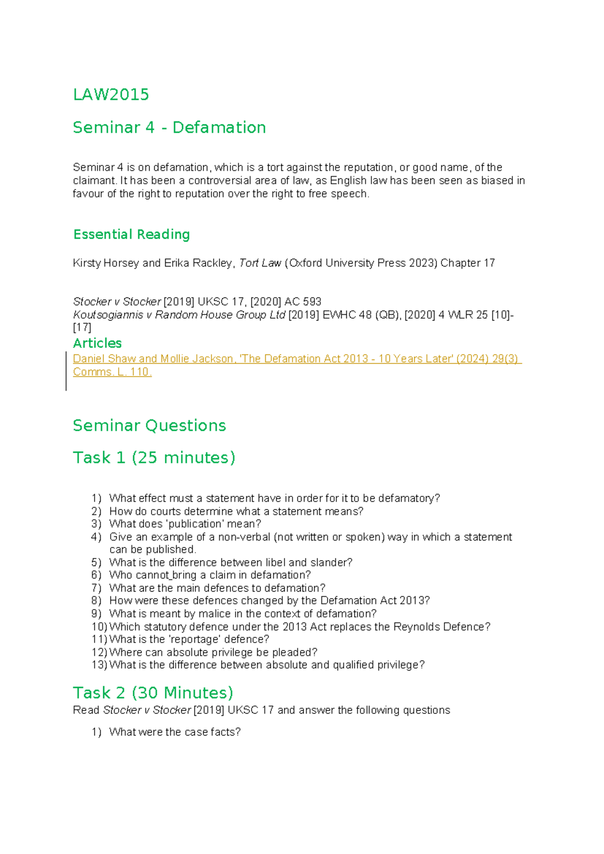 LAW2015 Seminar 4: A Critical Study of Defamation Law and Case Analysis ...