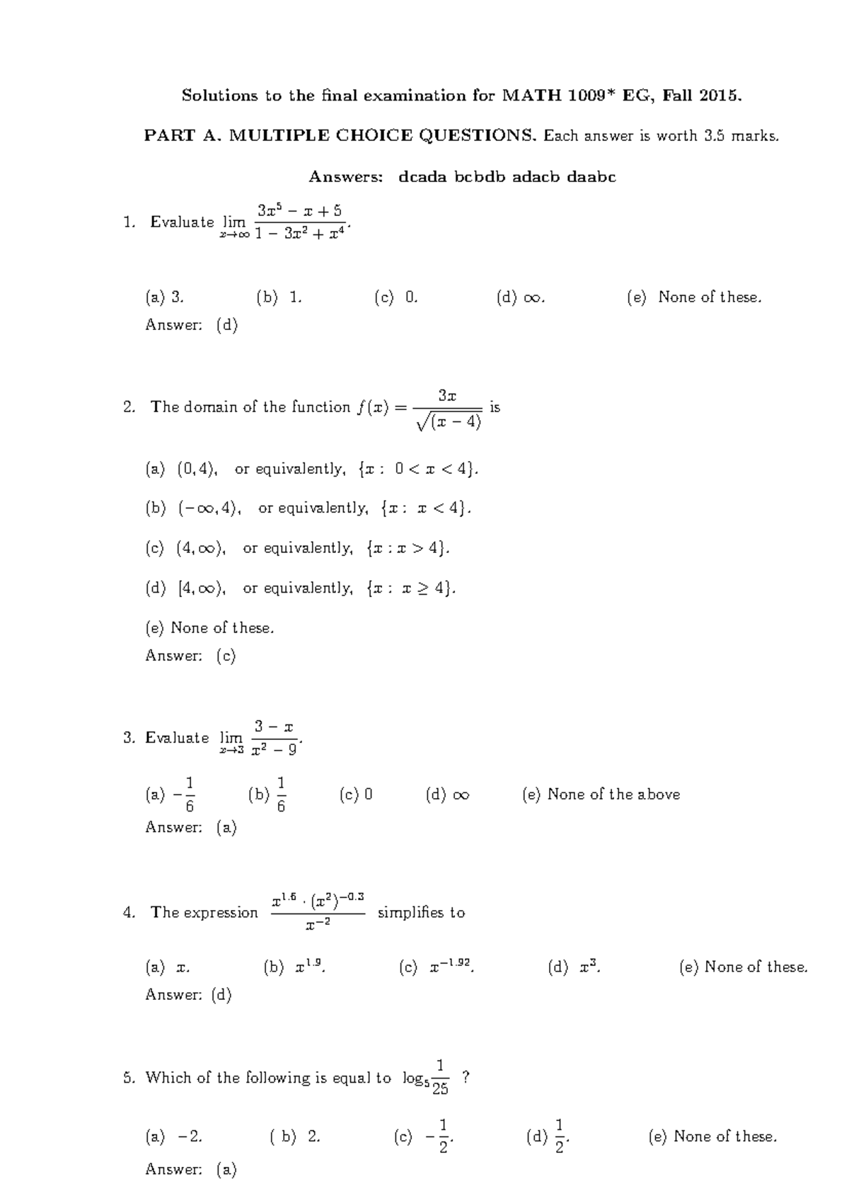 MATH1009 Fall Exam Solutions & Answers for 2015 Final Exam - Studocu