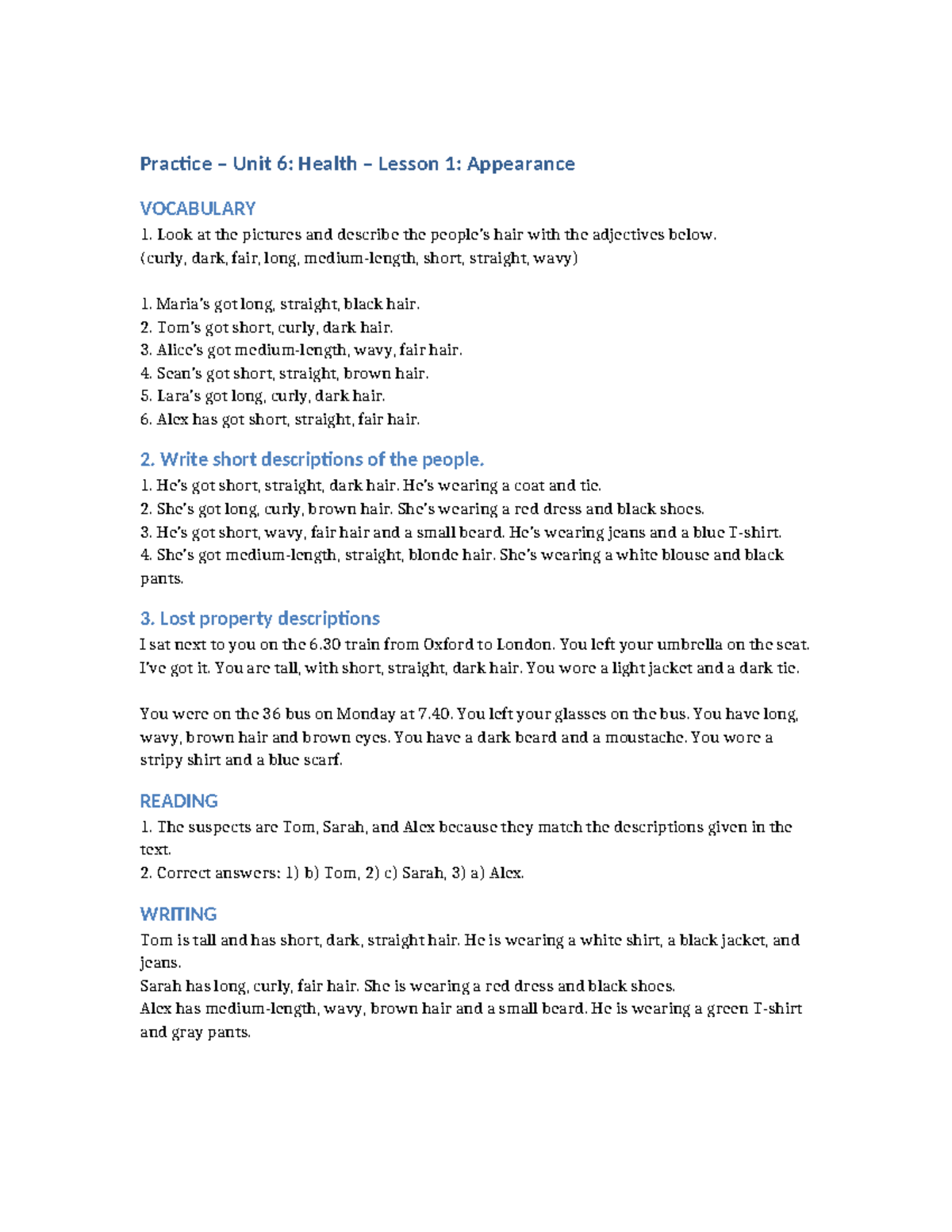 Practice Unit 6: Health Lesson 1 - Appearance Vocabulary Guide - Studocu