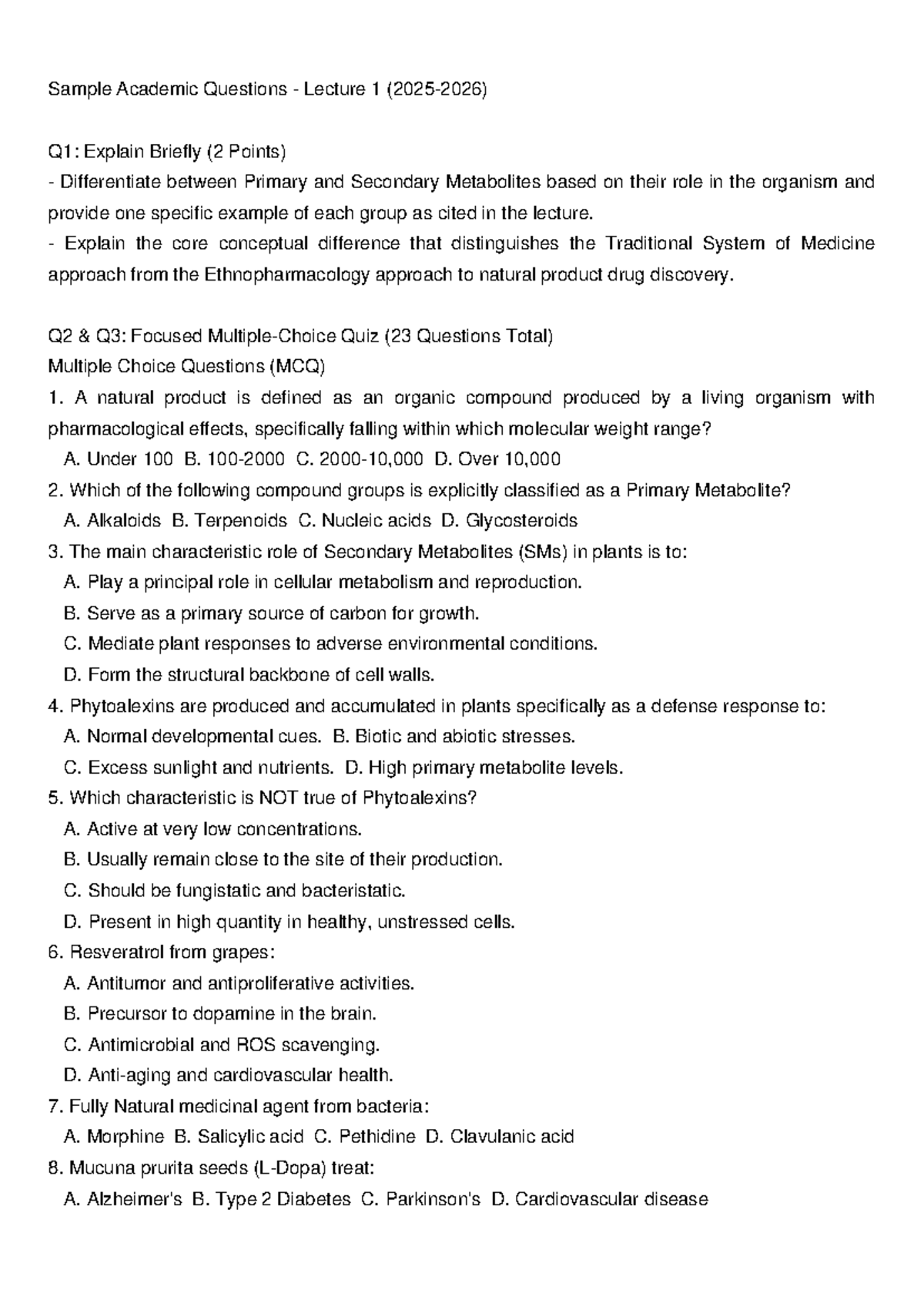 Sample Academic Questions Lecture 1 - Sample Academic Questions ...