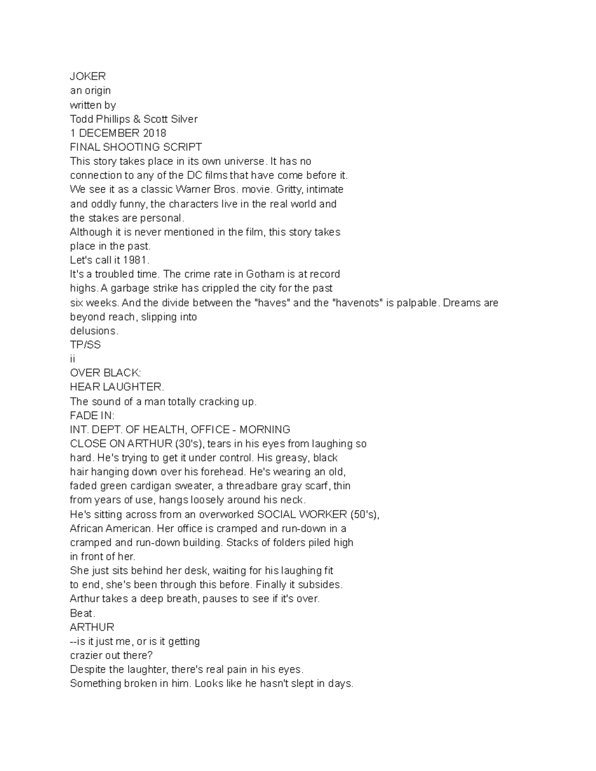 Joker (Film Script 101) - Final Shooting Script Analysis & Notes - Studocu