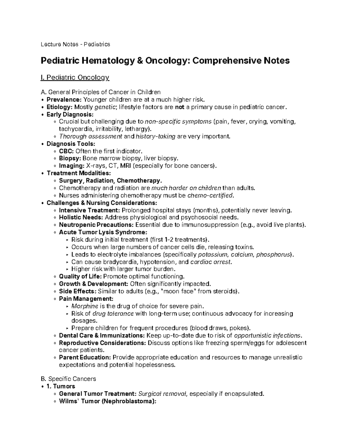 Pediatrics Lecture Notes: Pediatric Hematology & Oncology Overview ...