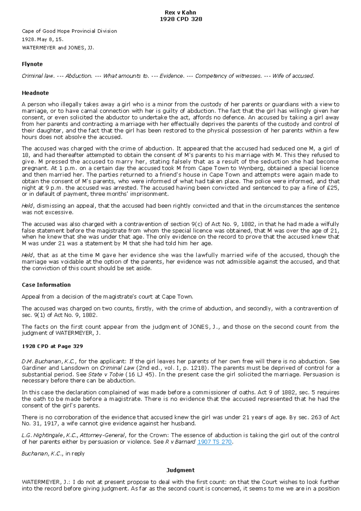 Rex v Kahn 1928 CPD 328 - Case Study on Abduction and Evidence - Studocu
