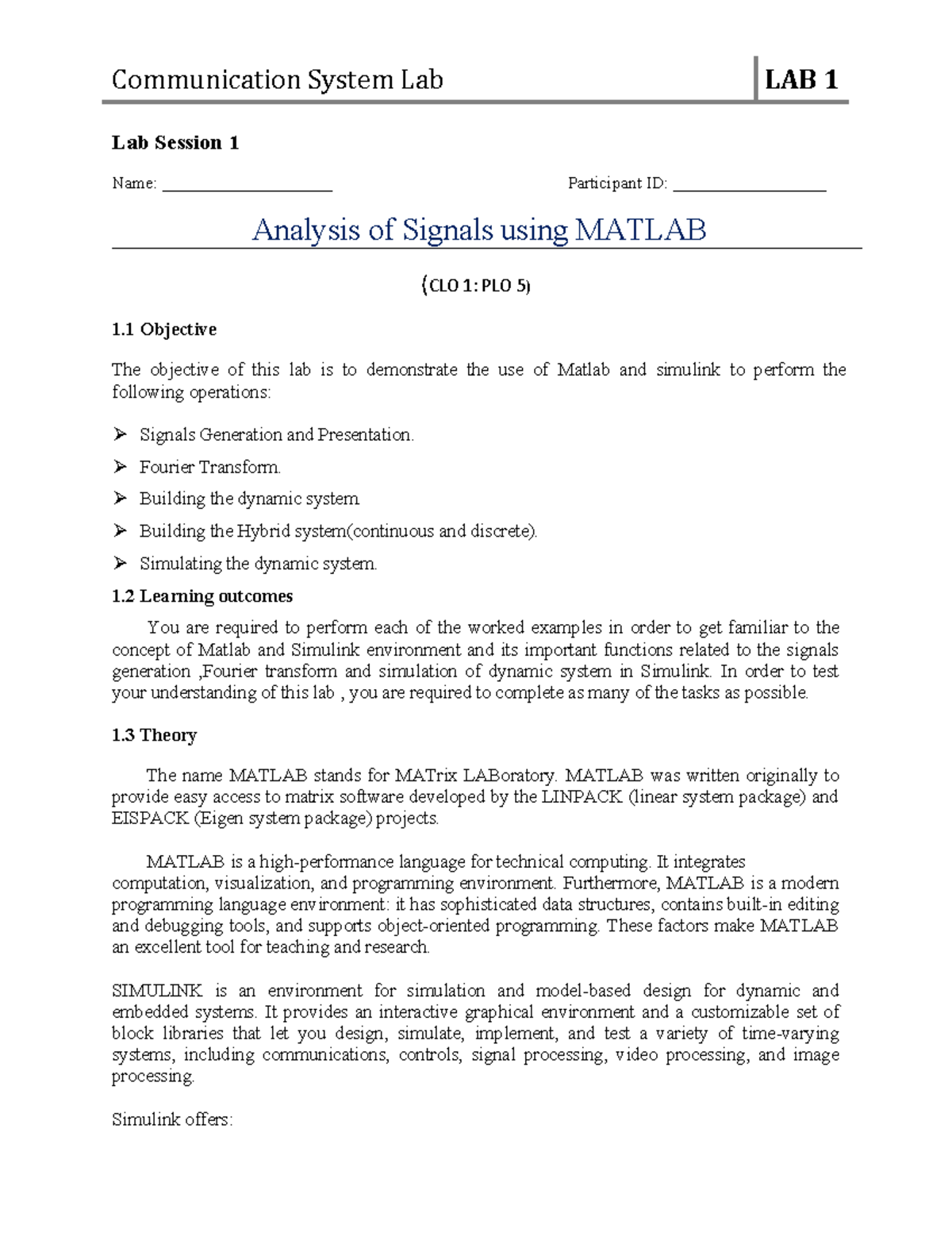 MATLAB Signals Analysis Lab Manual (Lab Session 1) - Studocu