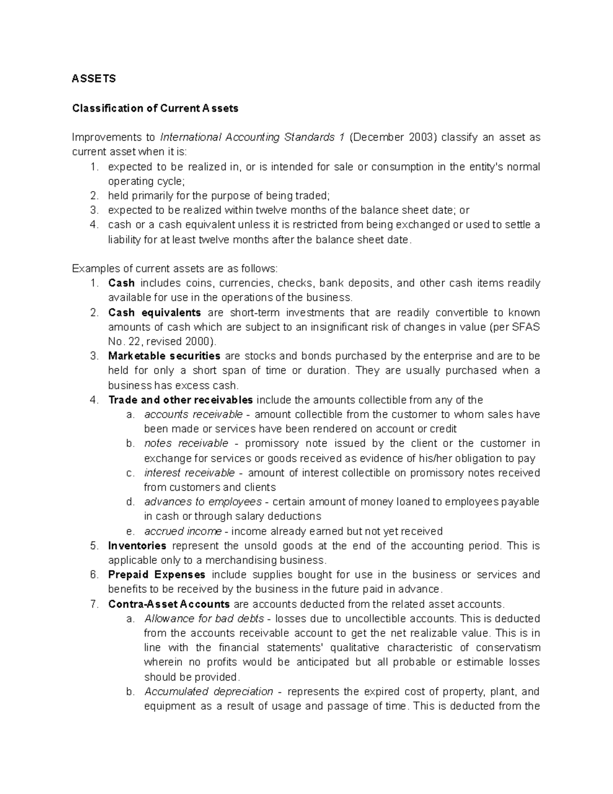 ASSETS Classification of Current Assets and Liabilities (IAS 1) - Studocu