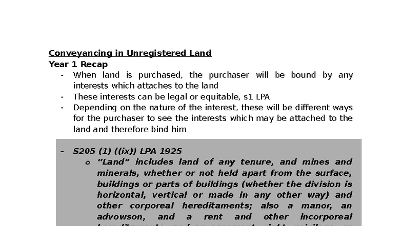 L1 - Year 1 Recap: Conveyancing in Unregistered Land - Studocu