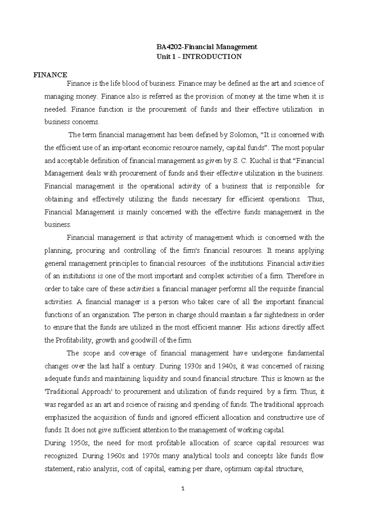 BA4202 FM Unit 1 - Introduction to Financial Management Notes - Studocu