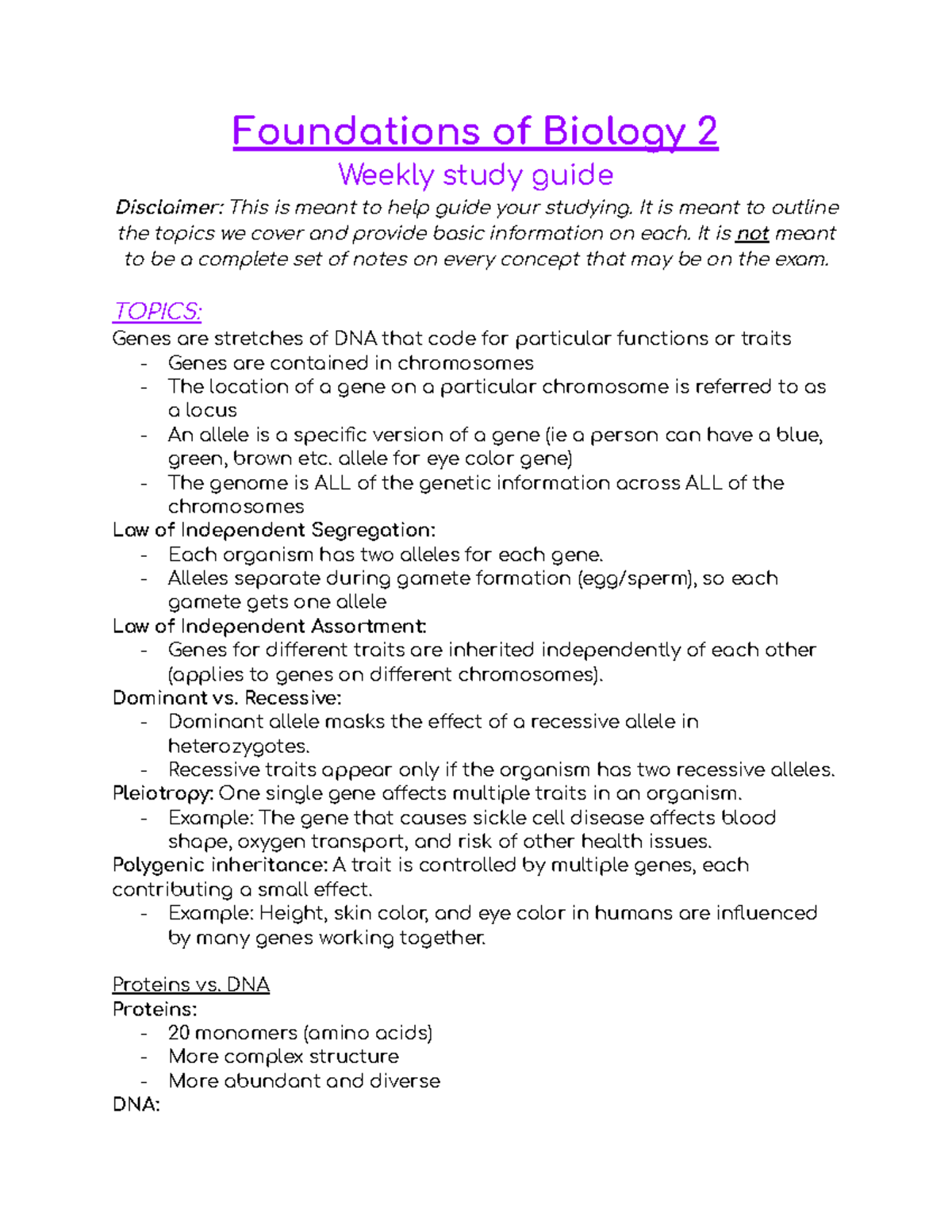 Foundations of Biology 2 - Week 01 Study Guide Notes - Studocu