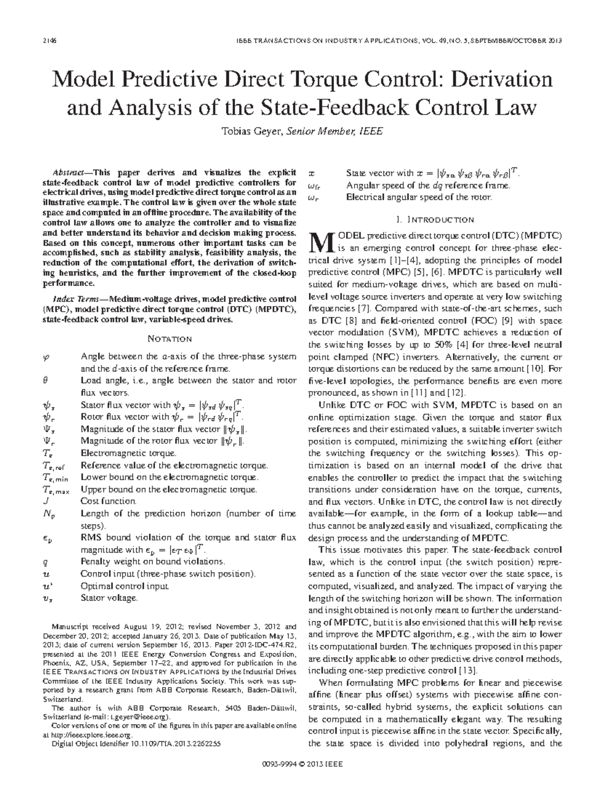 Model Predictive Direct Torque Control Derivation and Analysis of the ...