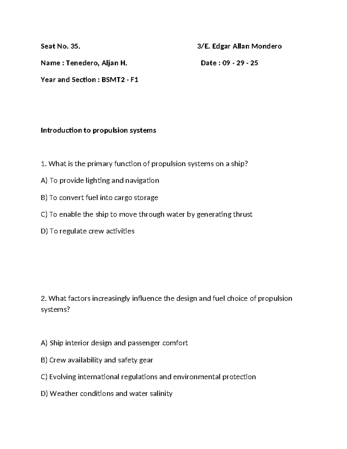 BSMT2 F1 Introduction to Propulsion Systems Questionnaire - Studocu