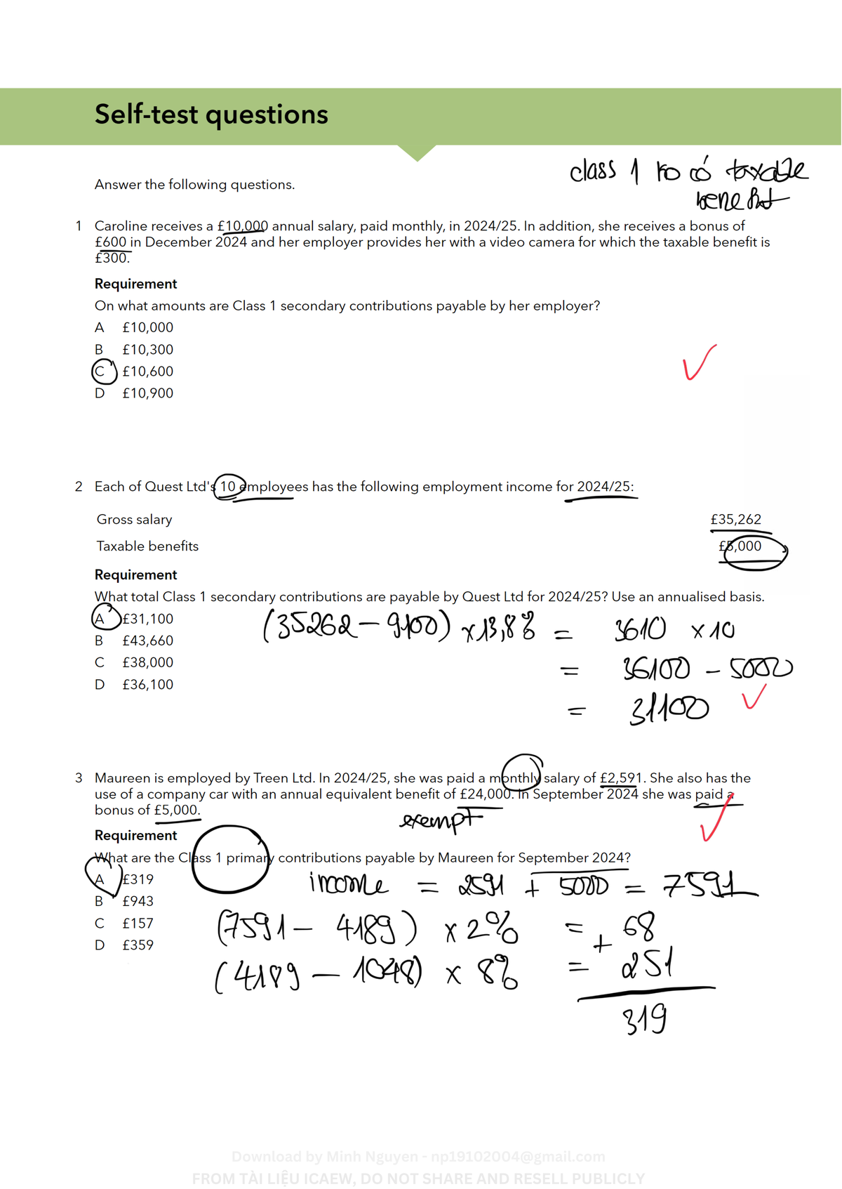 Chapter 7 NIC BT 2 - 123: Class 1 Contributions Questions - Studocu