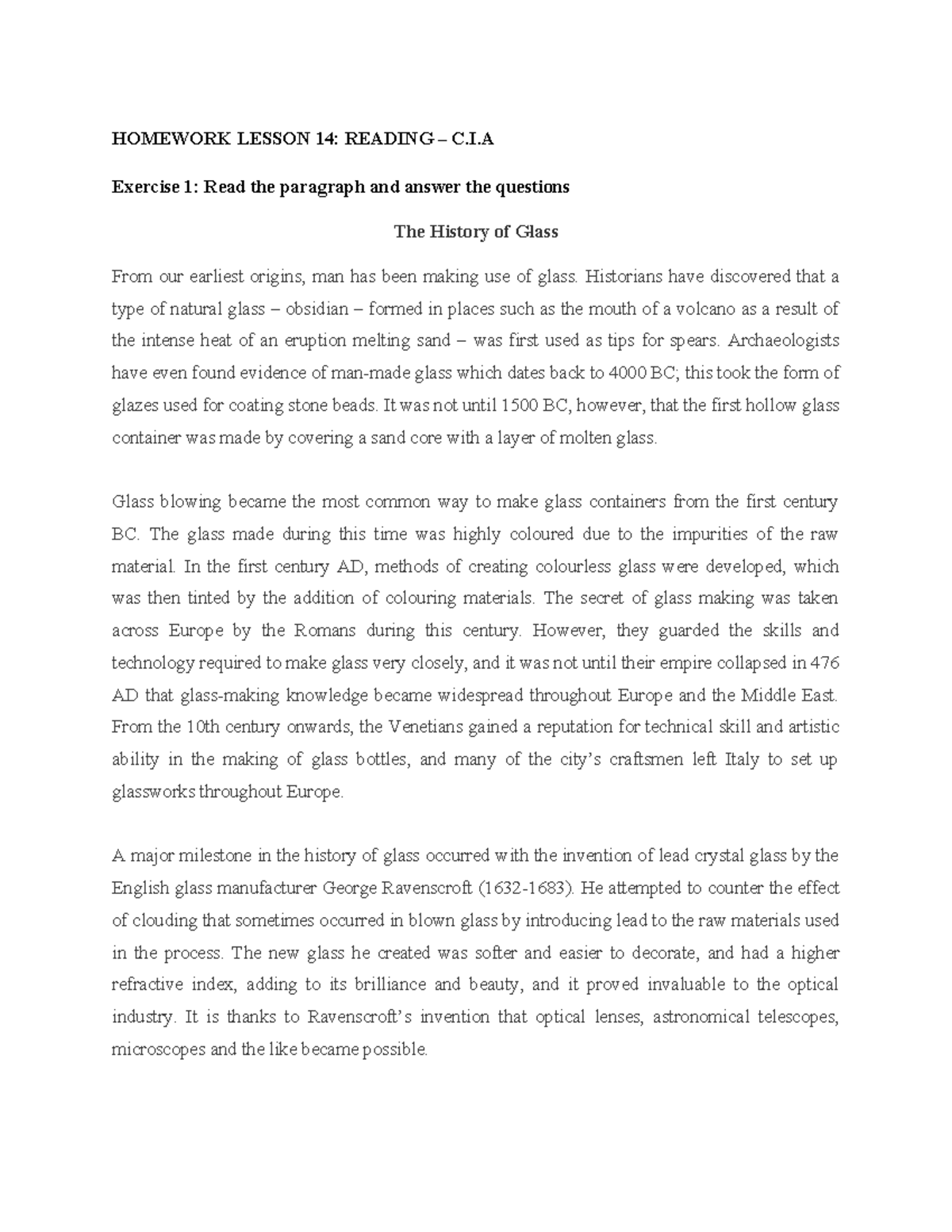Lesson 14 Homework: The History of Glass and TV Viewing Effects - Studocu