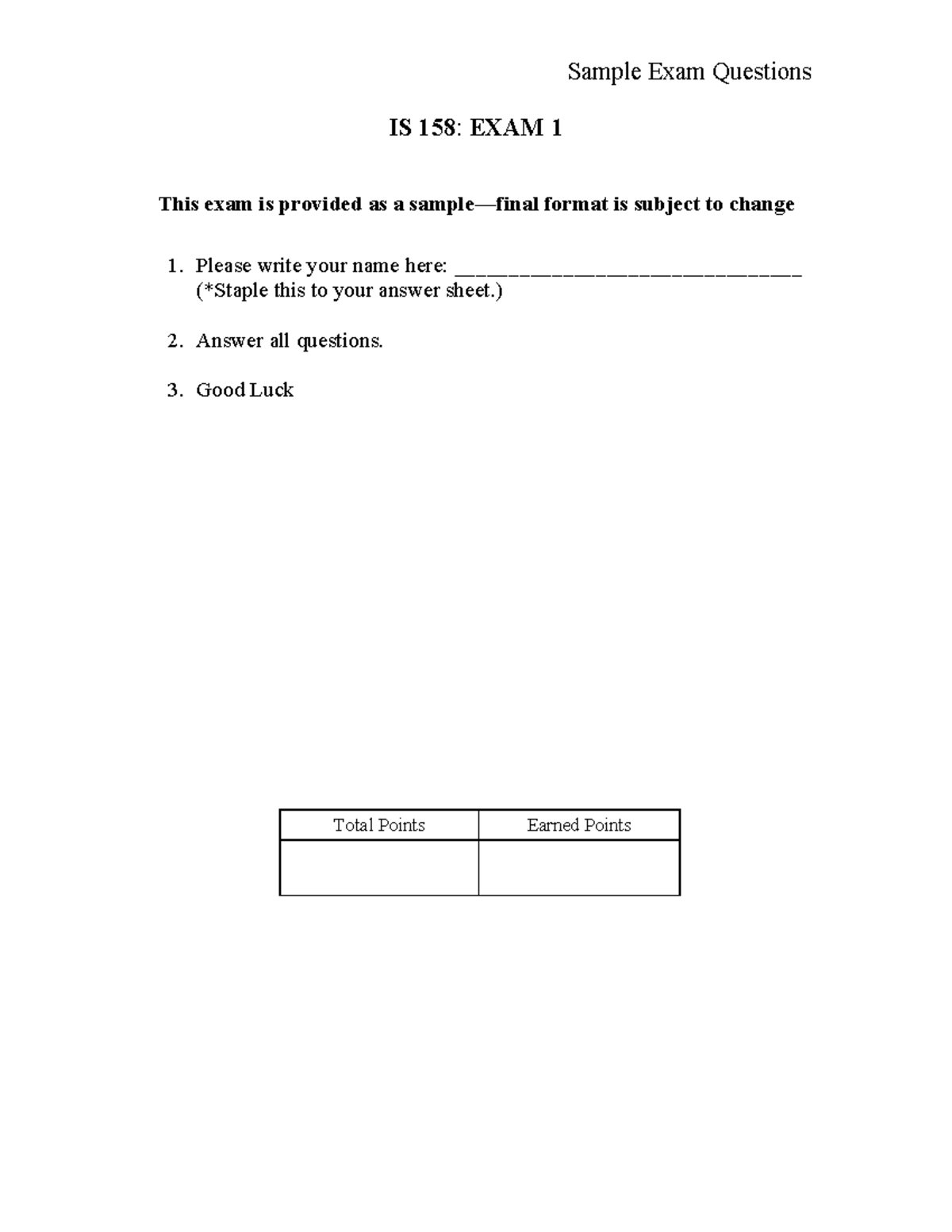 IS 158: Exam 1 Sample Questions for Fall 2025 - Studocu