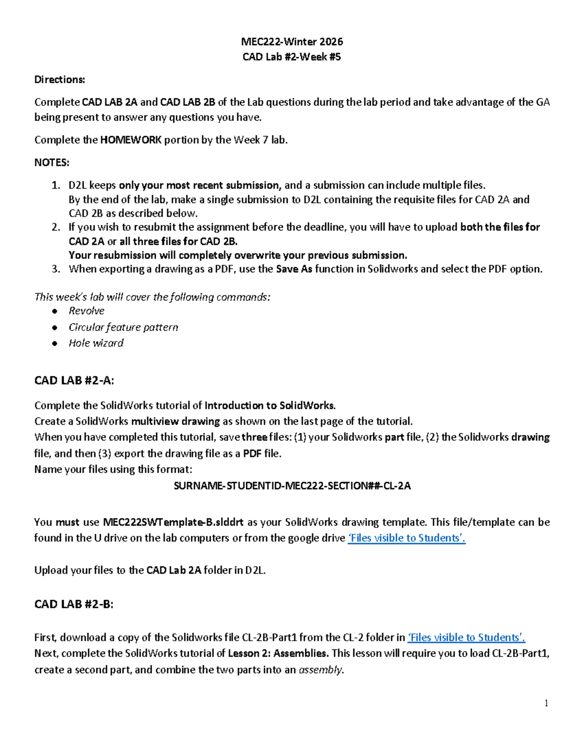 CAD 2A & 2B Lab Instructions and Homework - W2026f - Studocu