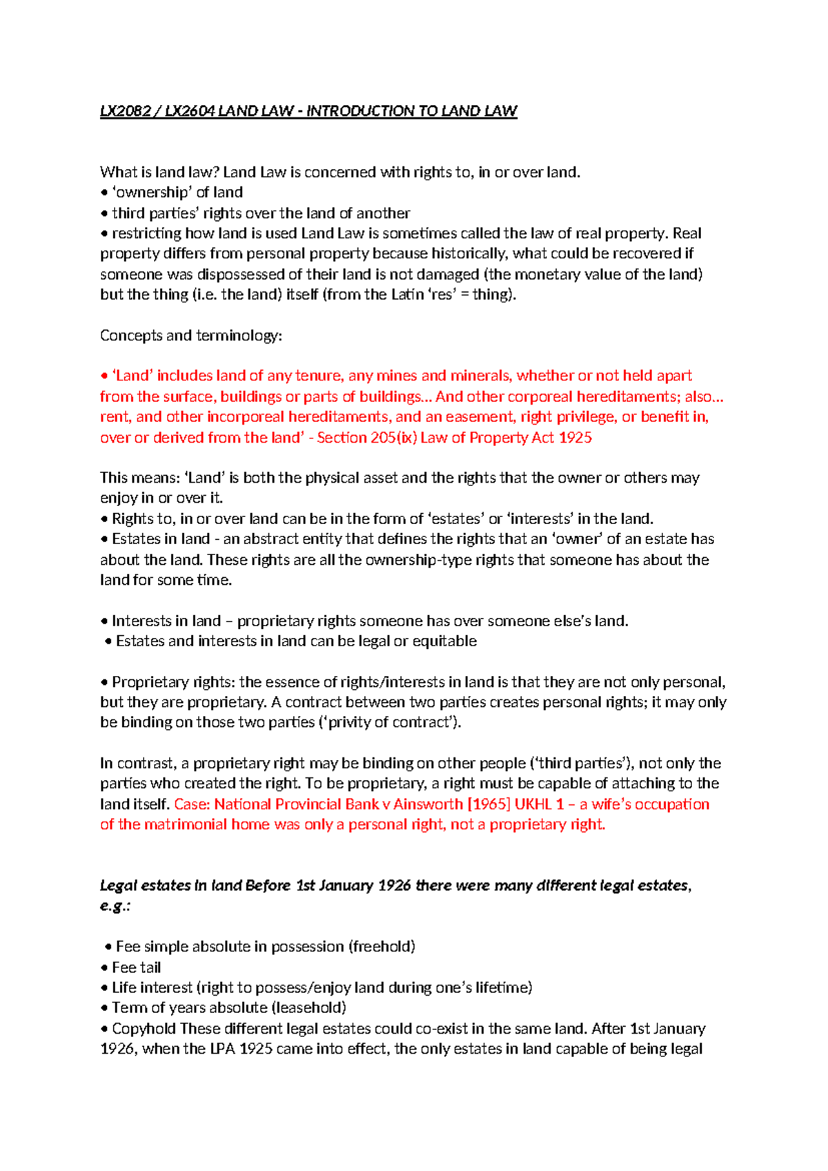 Introduction to Land Law (LX2082 / LX2604) - Key Concepts & Principles ...