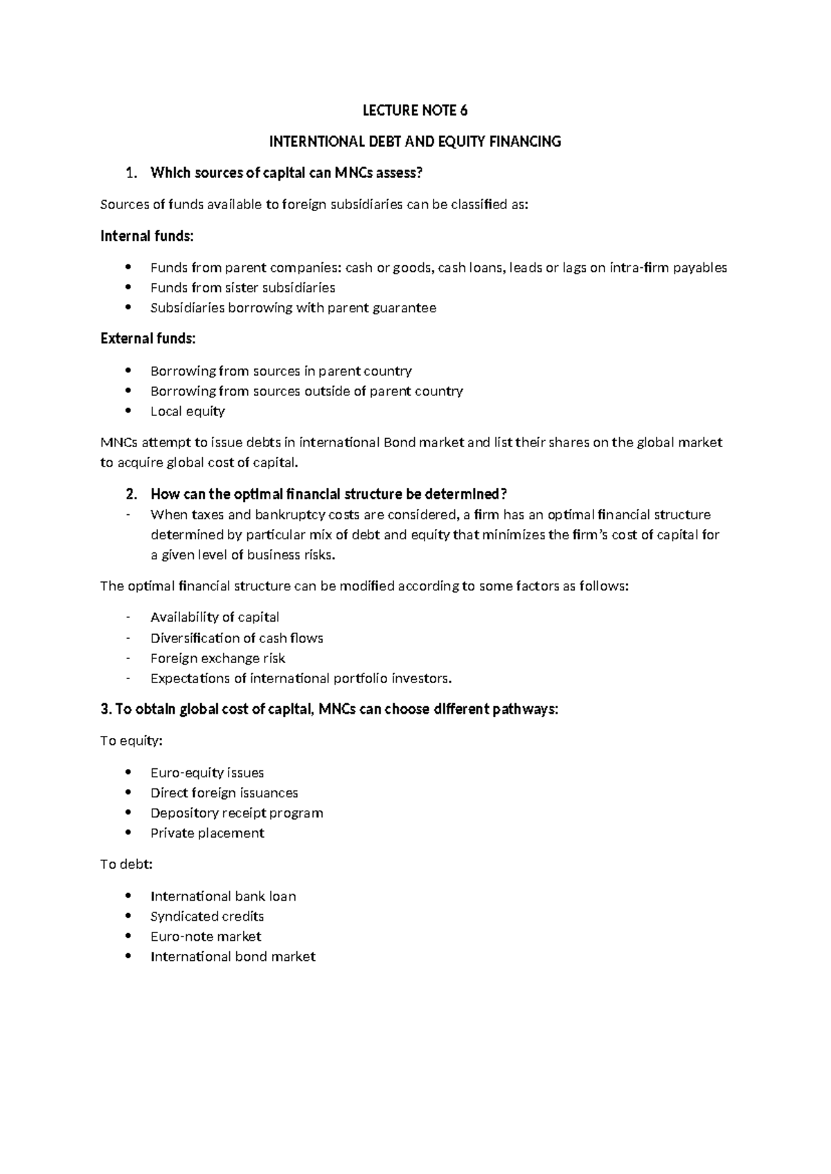 Lecture NOTE 6 - LECTURE NOTE 6 INTERNTIONAL DEBT AND EQUITY FINANCING ...