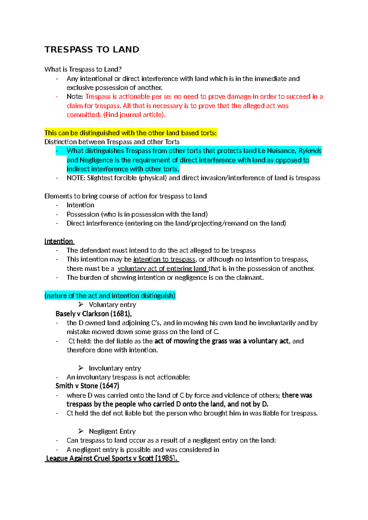Trespass to Land: Key Principles and Case Analysis (Law 101) - Studocu