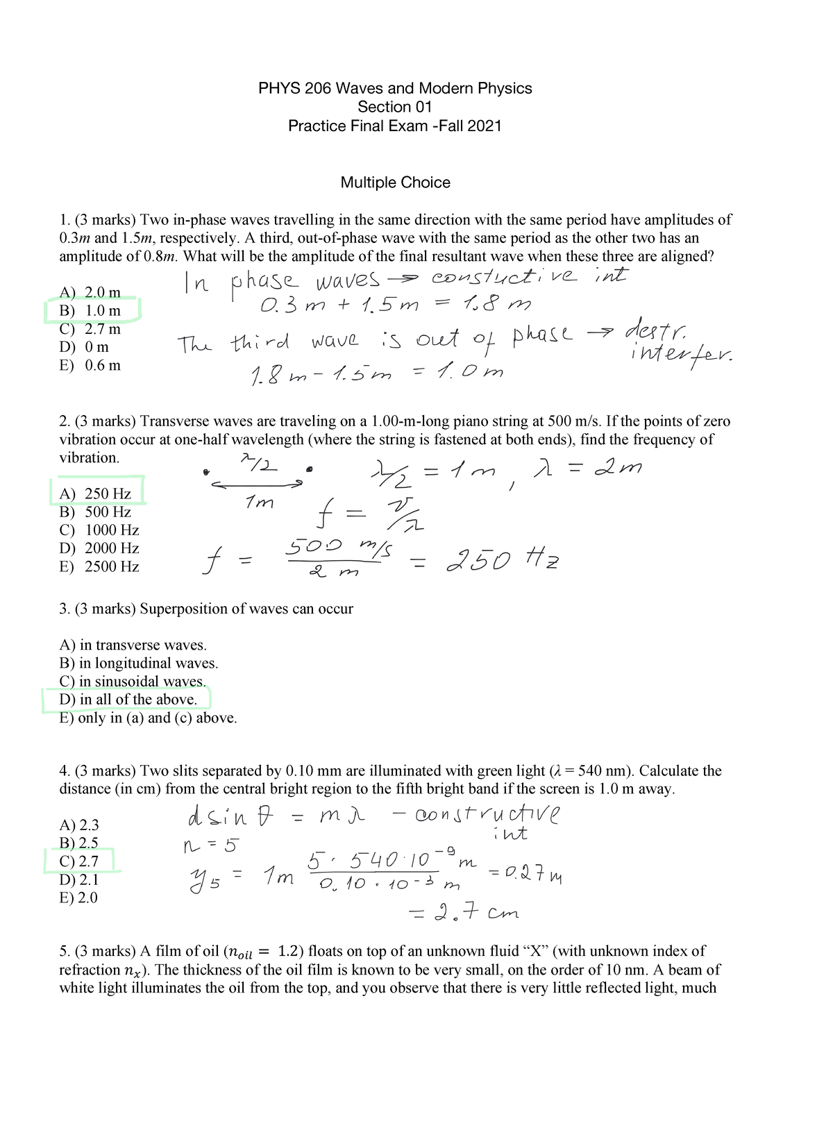 PHYS 206 Practice Final Exam Solutions - Waves and Modern Physics - Studocu