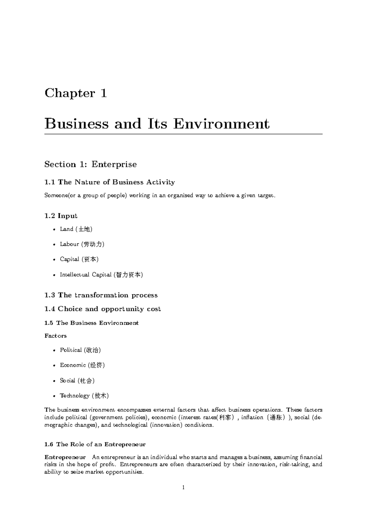 Chapter 1: Business and Its Environment - Course Notes (BUS101) - Studocu