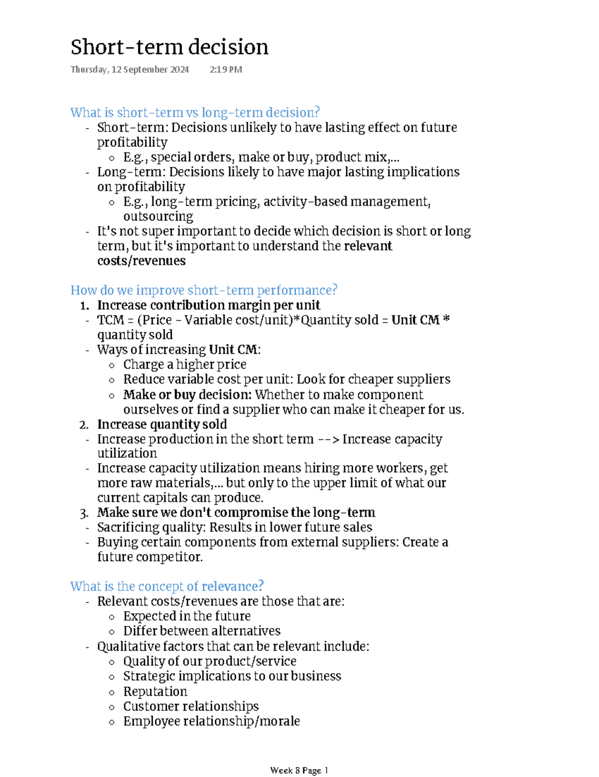 Short-term Decision Analysis: Implications for Profitability and ...