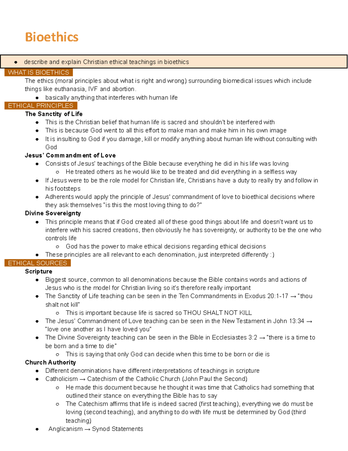 Bioethics Notes: Exploring Christian Teachings on Life and Ethics - Studocu