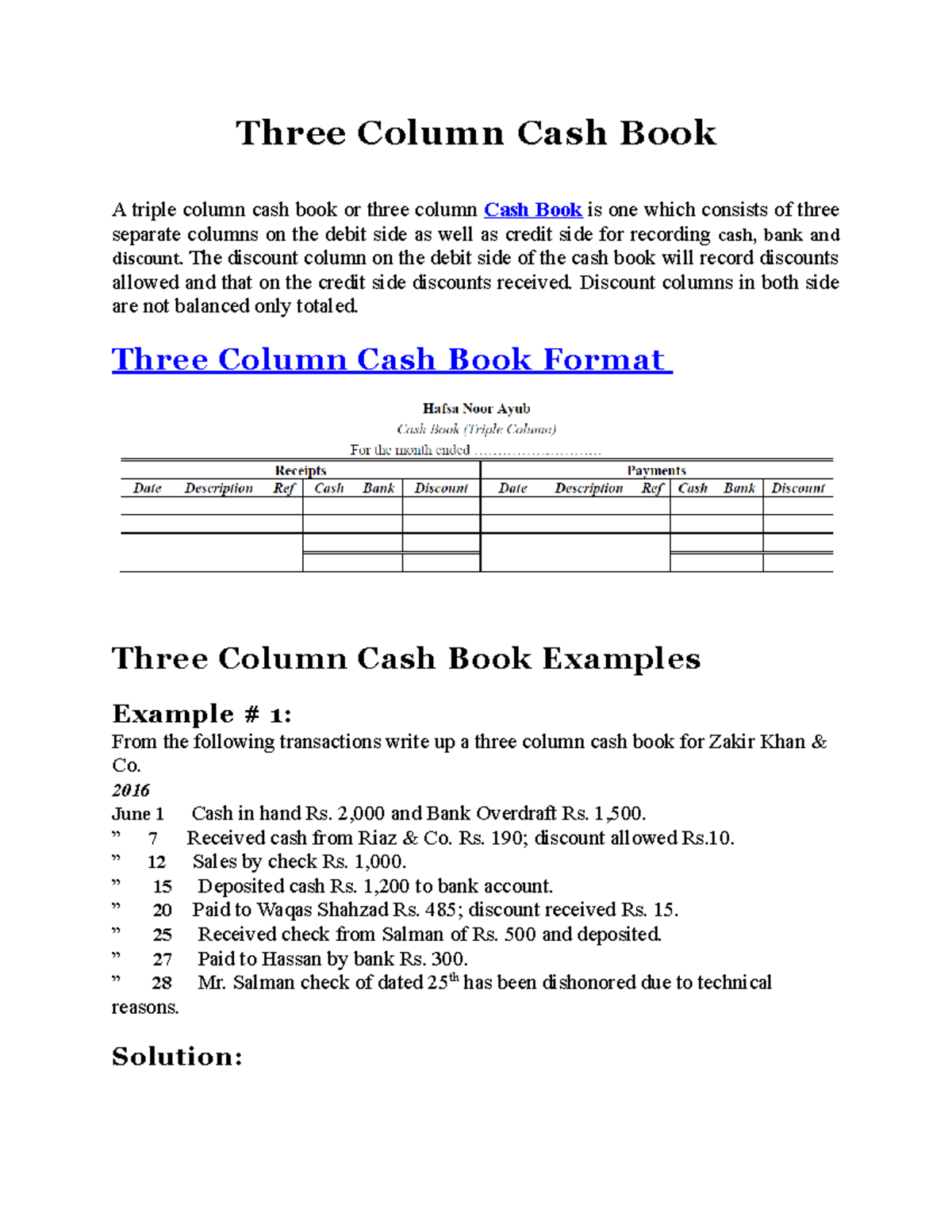 Three Column Cash Book Guide: Cash, Bank & Discount Tracking - Studocu